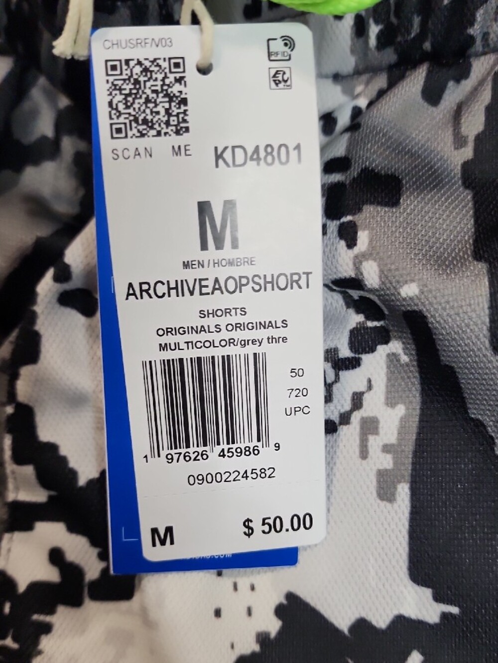 adidas Archive AOP Shorts In Black, White, And Gray With Neon Green Accents - Picture 6 of 6